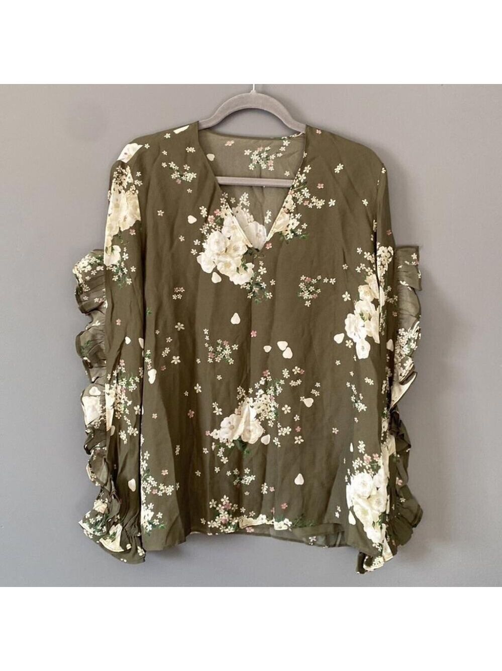Miss Sixty Blouse Medium Olive Green Floral Boho Cottagecore